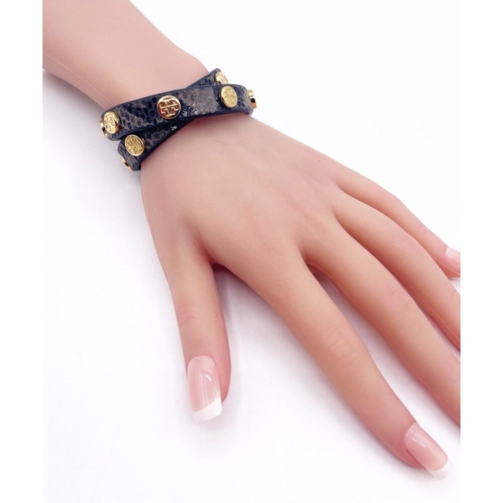 Tory Burch Leather Snake Print Logo Stud Double Wrap Bracelet Adjustable